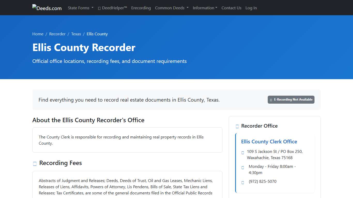 Ellis County Recorder Information, Texas - Deeds.com