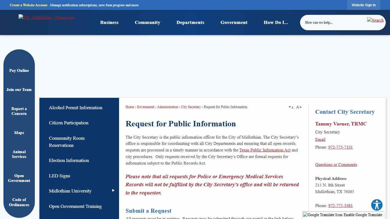 Request for Public Information Midlothian, TX - Official Website